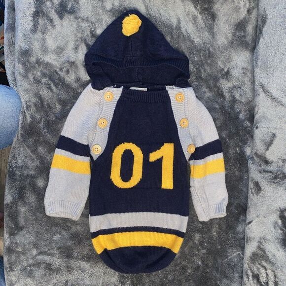 Adorable Baby Hooded Sweater Navy Blue Yellow '01' Sports Style Knit Jumper - Picture 1 of 11